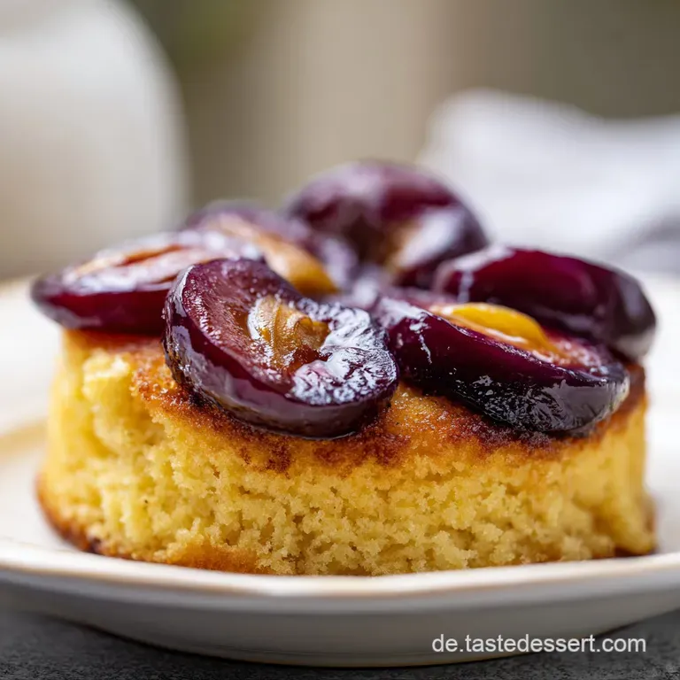 Ein St&uuml;ck lockerer Pflaumenkuchen auf einem wei&szlig;en Teller, best&auml;ubt mit feinem Puderzucker in weichem Licht.