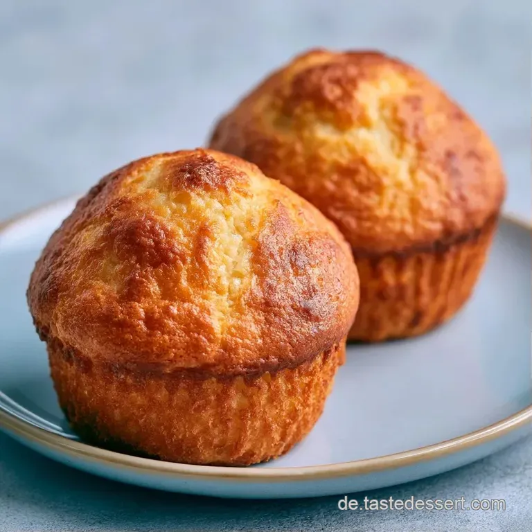 Fluffige, hellbraune Muffins auf einem wei&szlig;en Porzellanteller, sanftes Licht betont die weiche, kr&uuml;melige Textur.