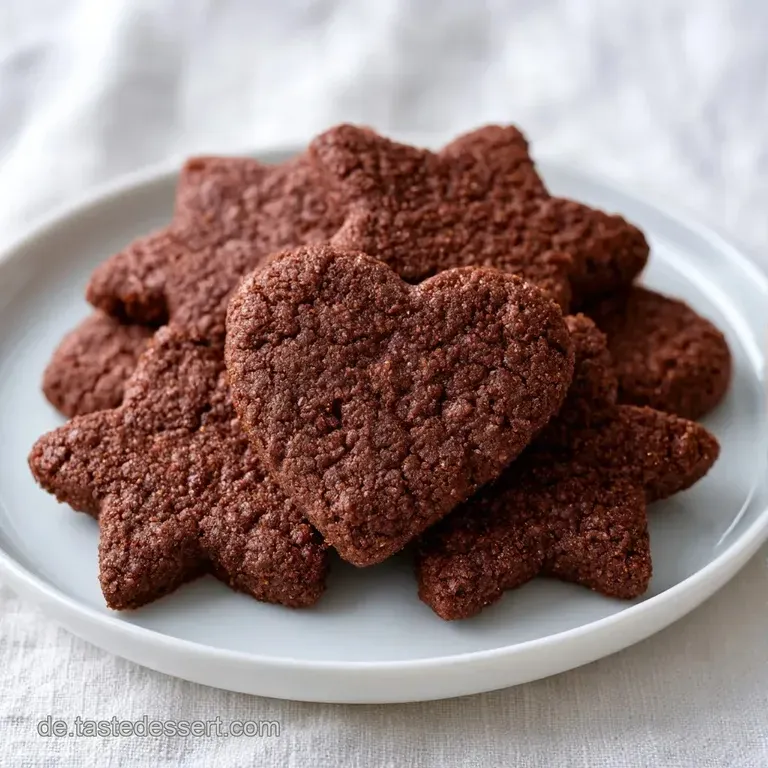 Stapel aus matten, dunkelbraunen Pl&auml;tzchen auf einem wei&szlig;en Keramikteller, fein best&auml;ubt mit wei&szlig;em Puderzucker.