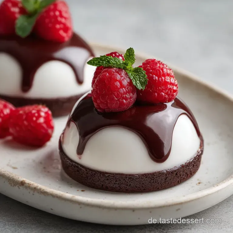 Elegant chocolate mousse dome plated with vibrant raspberries, a sprig of mint, and a dusting of cocoa. Creamy, rich, and ...