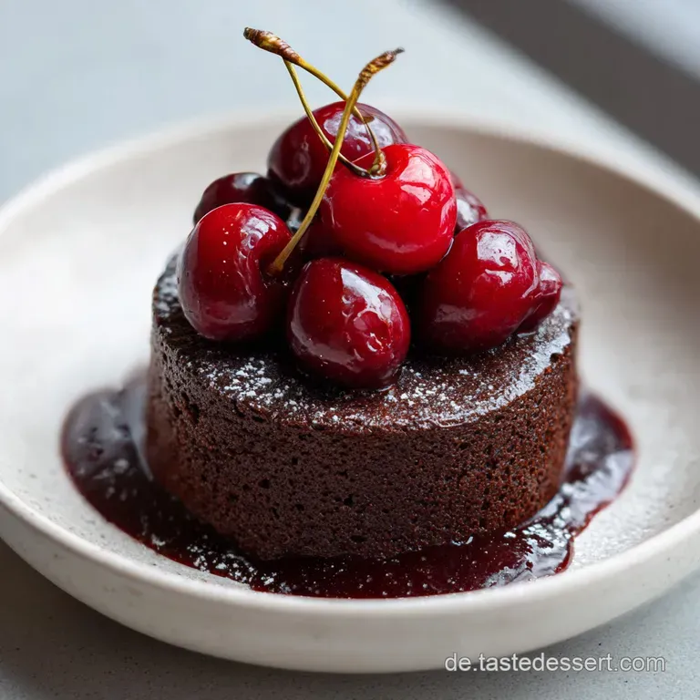Slice of dark chocolate cherry cake with a glossy sheen, served on a white plate with a fork, inviting and decadent.