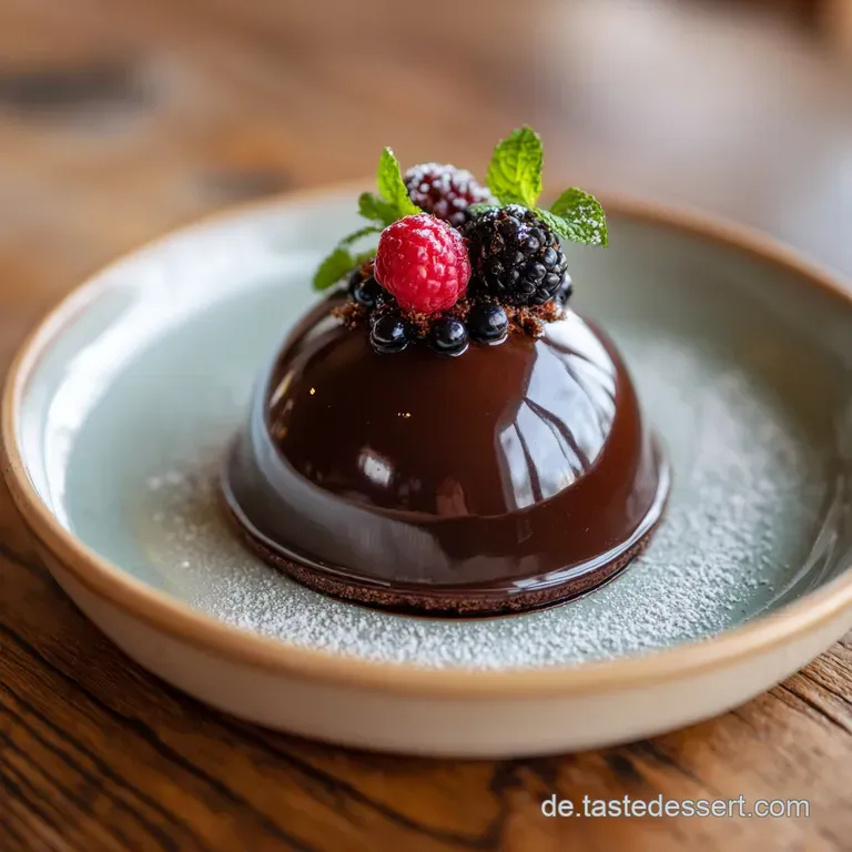 Elegant chocolate dome dessert on a white plate, glistening under studio lights. Dark chocolate shards accent the dessert'...
