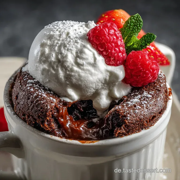 Individual chocolate mug cake served in a white ramekin. Powdered sugar dusting adds subtle sweetness; decadent, quick treat.