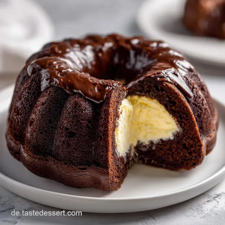 Slice of marbled chocolate and cheesecake Bundt cake on a white plate, dusted with powdered sugar and garnished with cocoa...