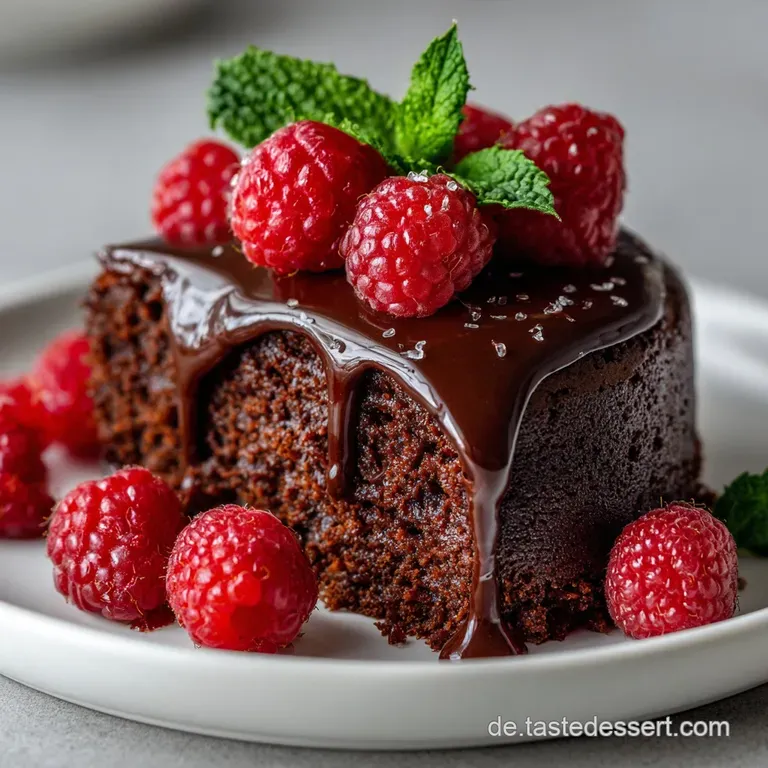 Slice of decadent chocolate cake with fresh raspberries, dusted with cocoa, on a white plate. A fork awaits a taste of bliss.