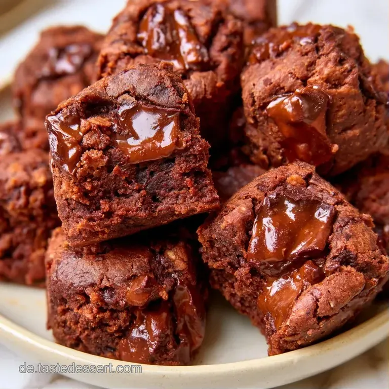Dunkle Schokost&uuml;cke auf einem wei&szlig;en Porzellanteller, dekoriert mit frischen Beeren und einem Hauch Puderzucker.