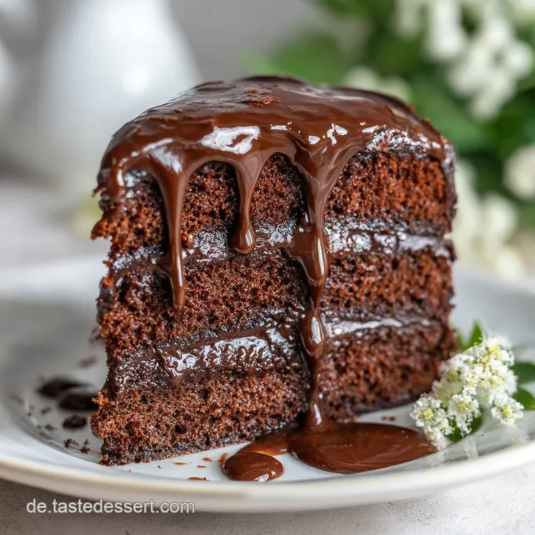 Slice of decadent chocolate cake on white plate. Berries & mint provide color. Flaky chocolate pieces hint at rich taste.
