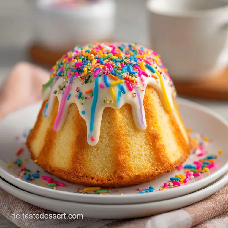 Ein farbenfroher Dessertkegel auf einer gl&auml;nzenden Servierplatte, dekoriert mit kleinen bunten Perlen und Sahneh&auml;ubchen.