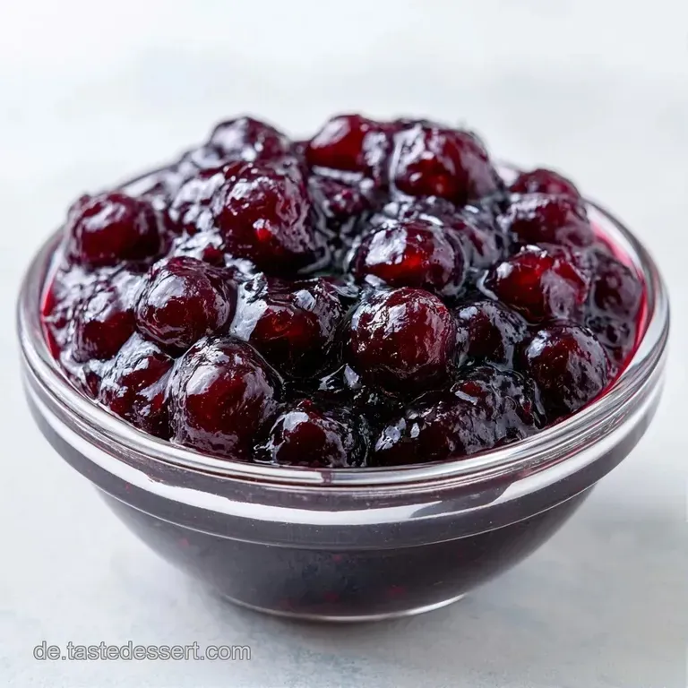 Tiefviolettes, gl&auml;nzendes Gelee auf einem wei&szlig;en Teller, flankiert von frischen Beeren und einem silbernen L&ouml;ffel.