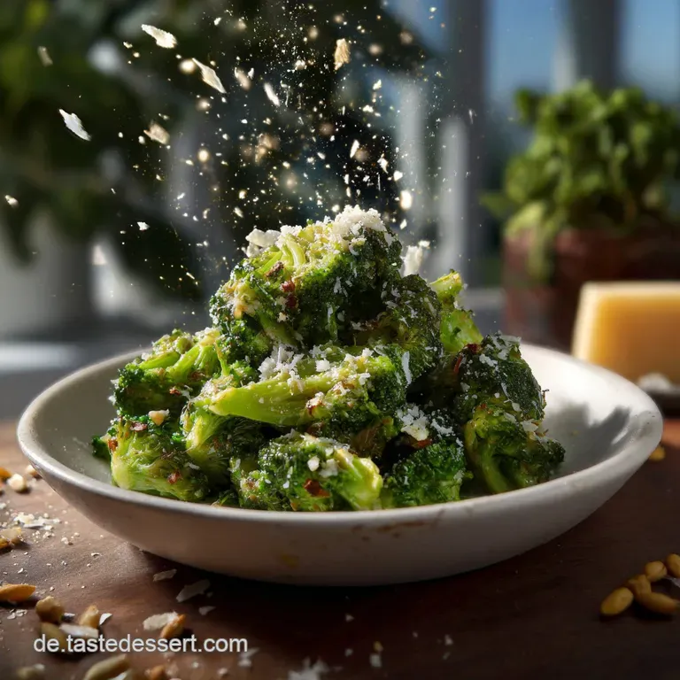 Artfully arranged smashed broccoli, a vibrant green, on a white plate, Parmesan cheese gently sprinkled, perfect for a lig...