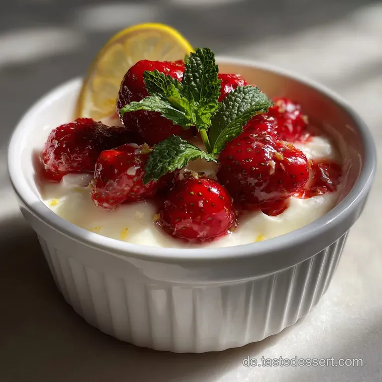 A single serving of trifle in a tall glass, showcasing layers of yellow, white, and red, garnished with fresh fruit, ready...