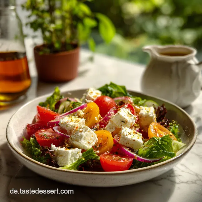 Salad greens tossed in a tangy yogurt dressing, topped with salty feta, beautifully plated with artful drizzles and fresh ...