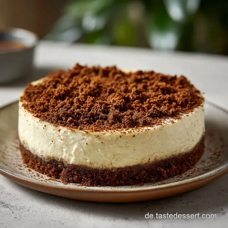 Ein St&uuml;ck heller Quarkkuchen auf einem wei&szlig;en Teller, garniert mit einem braunen Gew&uuml;rzpl&auml;tzchen und frischen Beeren.