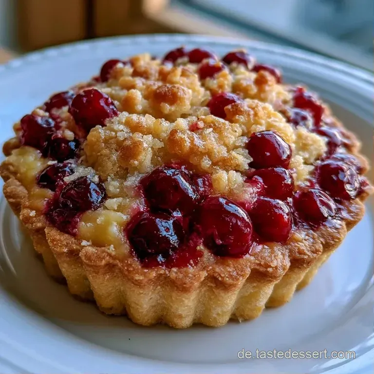 Ein goldgelber Streuseltaler auf wei&szlig;em Porzellan, erg&auml;nzt durch einen Sahneklecks und gl&auml;nzende rote Johannisbeeren.