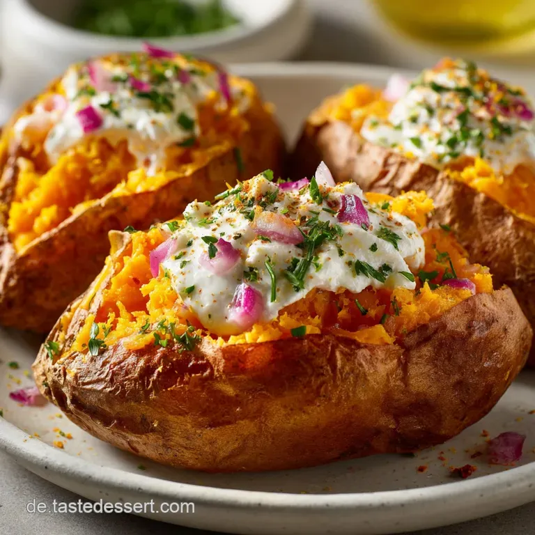 Half a baked sweet potato topped with glistening, creamy stuffing and chopped chives on a white plate.