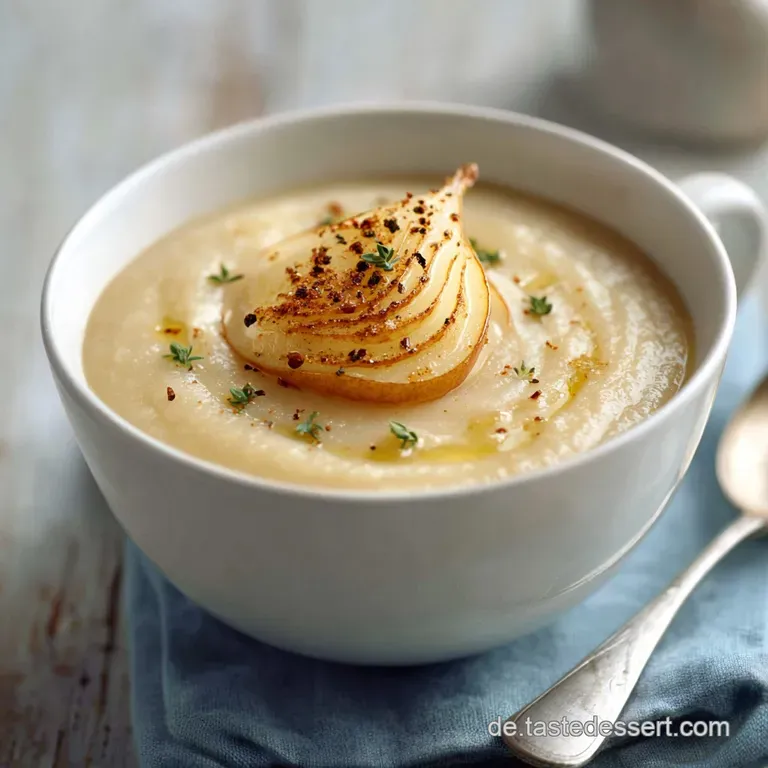 Elegant white bowl showcasing a vibrant pear soup; speckled with green herbs and a swirl of cream, ready to enjoy this aut...
