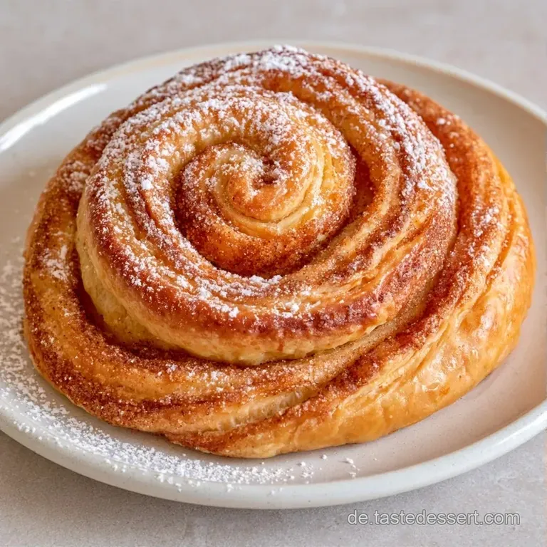 Mehrere knusprige, spiralf&ouml;rmige Geb&auml;ckst&uuml;cke auf einer wei&szlig;en Porzellanplatte, leicht best&auml;ubt mit Puderzucker.