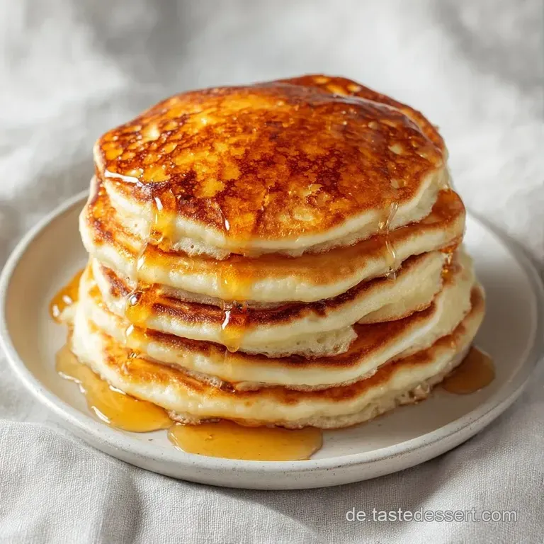 Ein Stapel weicher, goldener Pfannkuchen auf einer Keramikplatte, getoppt mit schmelzender Butter und Puderzucker.