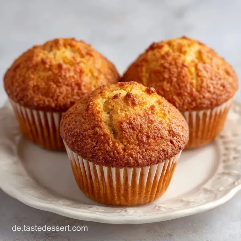 Mehrere weiche, goldgelbe Muffins auf einem wei&szlig;en Porzellanteller, dekoriert mit frischen Beeren und weichem Licht.