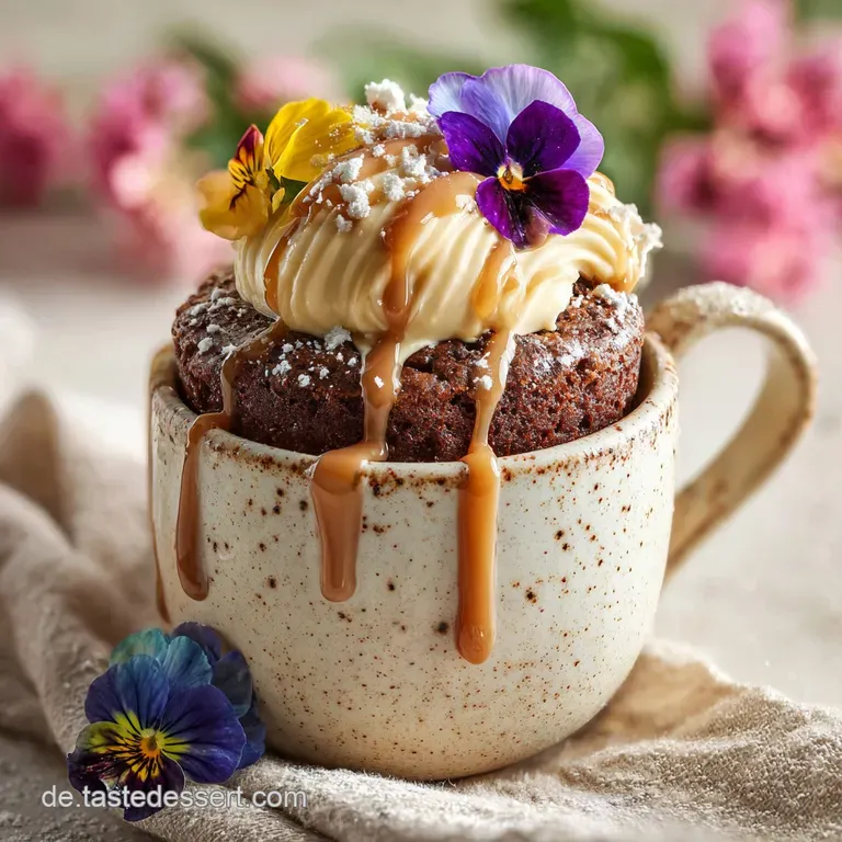 Single serving mug cake, lightly browned, sits beside a spoon, ready to be enjoyed. Subtle steam hints at its recent baking.