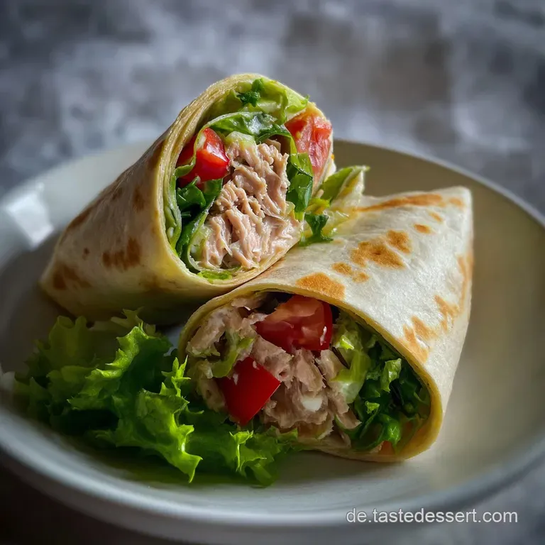 Elegant tuna wrap halves displayed on a plate. The tortilla is lightly toasted, revealing tuna salad filling and fresh gre...