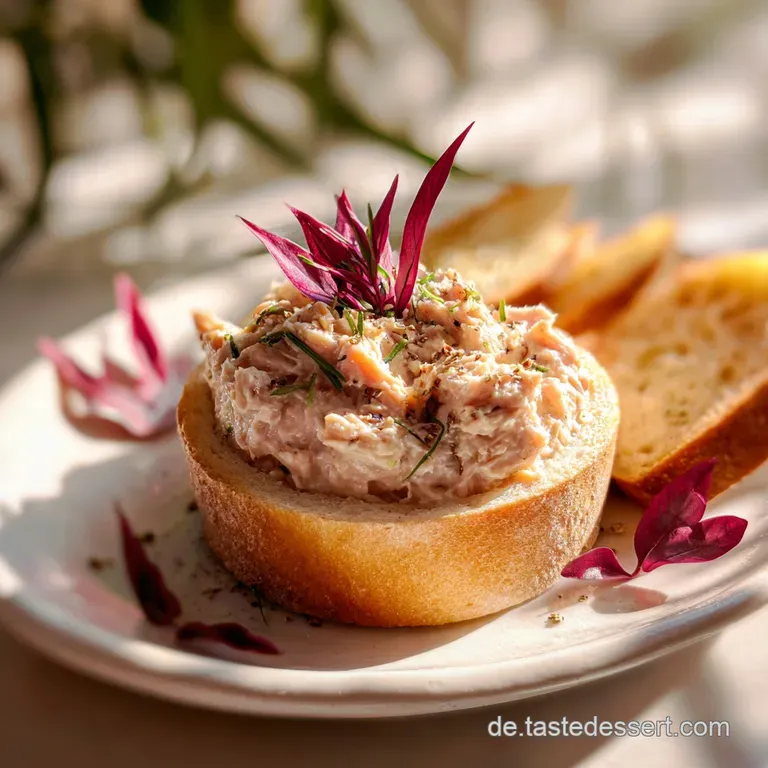 Elegant plate of tuna dip, artfully piped, with crispbread crackers. The pale, smooth dip contrasts with golden bread.