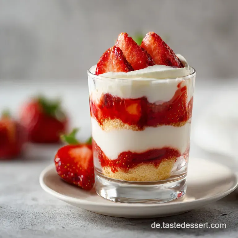 Elegant dessert glasses with creamy white layers and fresh red strawberries, set on a clean white marble tabletop
