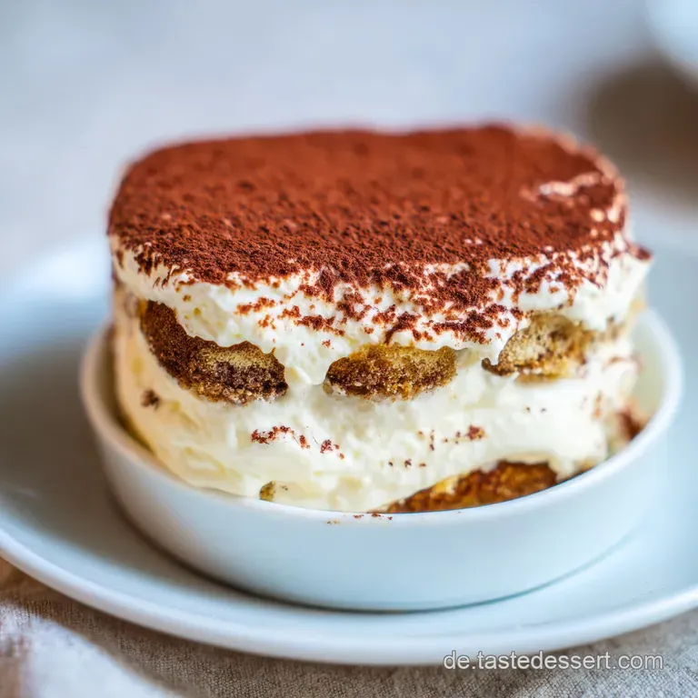 Ein quadratisches St&uuml;ck Schichtdessert auf wei&szlig;em Porzellan, sichtbar sind helle Creme und kaffeebraune Lagen.
