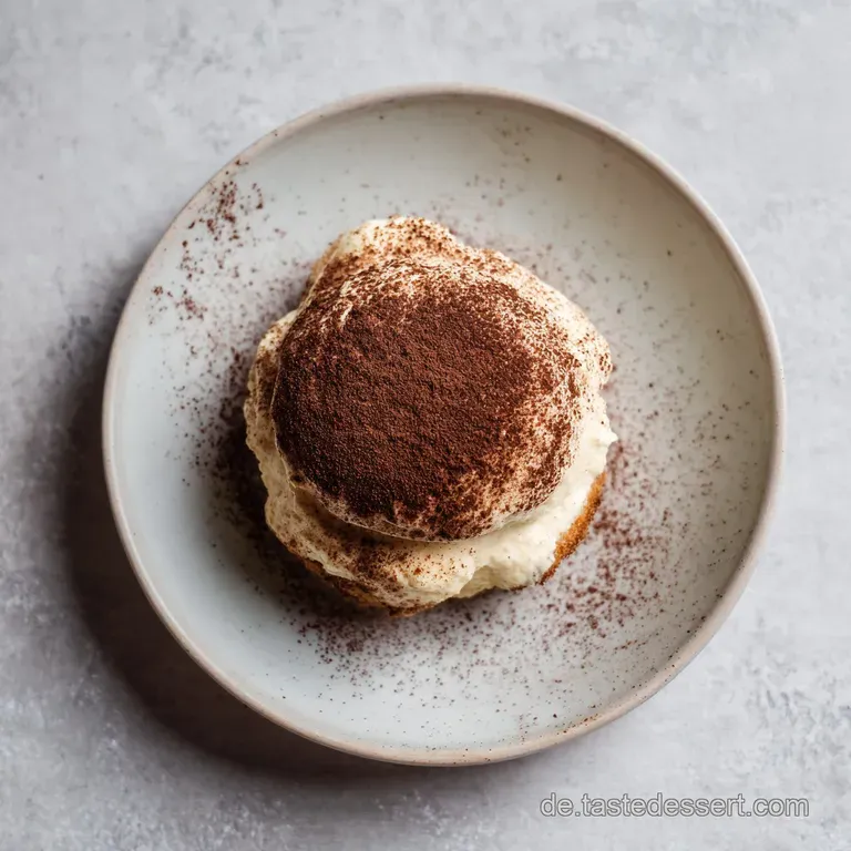 A single slice of tiramisu on a white plate, showing delicate layers and a dusting of dark cocoa powder