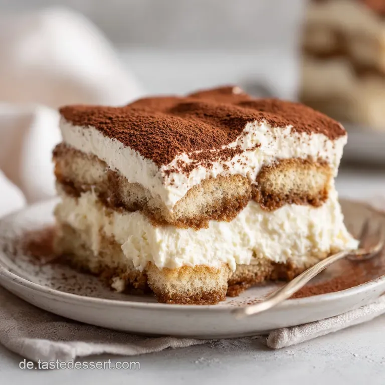 A slice of airy tiramisu on a white plate, showing smooth, creamy layers with a dark cocoa dusting.