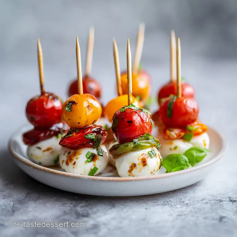 Arranged skewers of red, white, and green glistening with a light drizzle of pesto on a white plate.