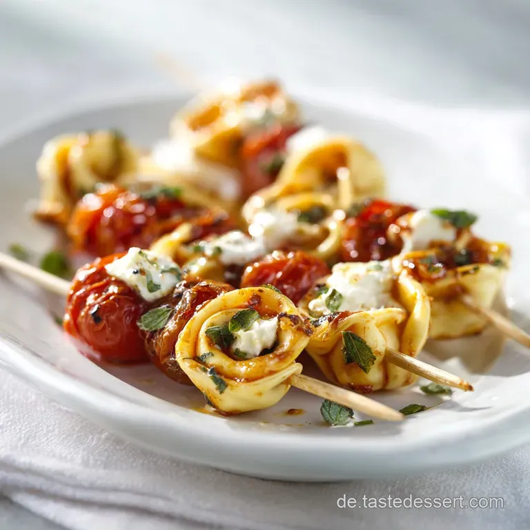 An artful arrangement of tomato, mozzarella, and tortellini skewers, garnished with fresh green basil leaves.