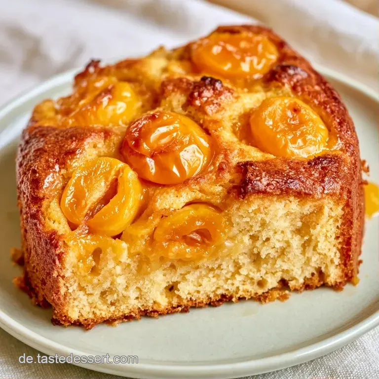 Ein St&uuml;ck goldgelber Obstkuchen auf einem wei&szlig;en Teller, garniert mit Puderzucker und gl&auml;nzenden, saftigen Fr&uuml;chten.