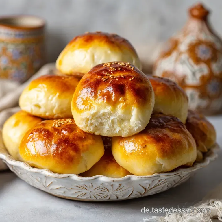Delicate, crescent-shaped pastries dusted with sesame seeds, presented on a patterned plate with a soft, diffused light.