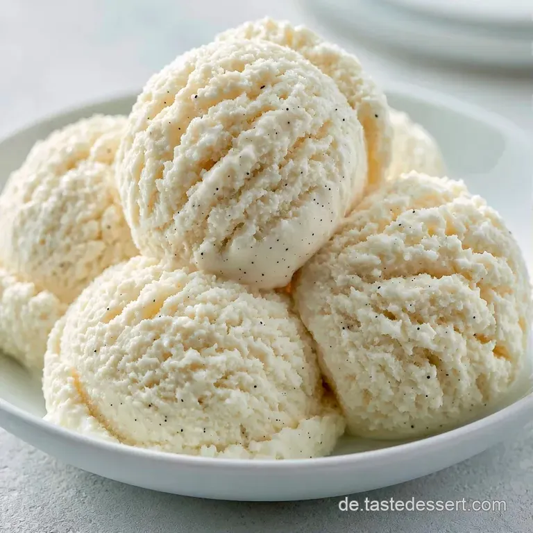 Eine Kugel cremewei&szlig;es Eis auf einem dunklen Teller, garniert mit einer frischen Minzspitze und goldbrauner Waffel.
