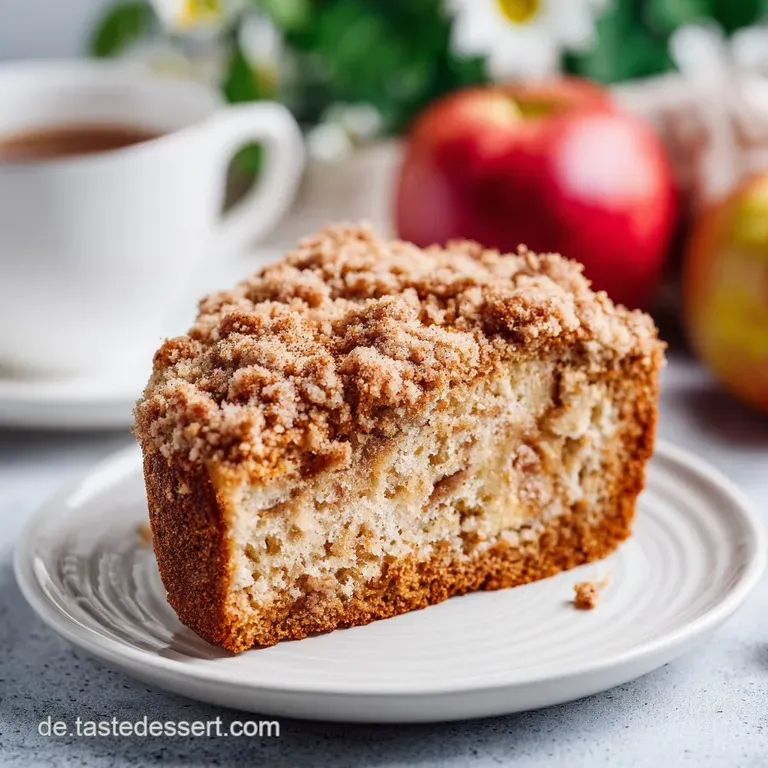 A warm slice of apple cake on a white plate, dusted with powdered sugar and a hint of cinnamon.