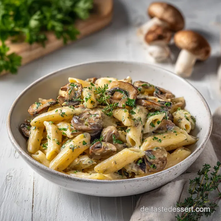 Elegant swirl of one-pot vegan pasta, dotted with plump mushrooms, fresh herbs, and a glistening, rich tomato sauce.