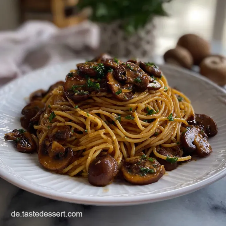 Creamy, ivory-colored pasta twirled artfully, topped with a medley of earthy, dark mushrooms and a sprinkle of fresh herbs.
