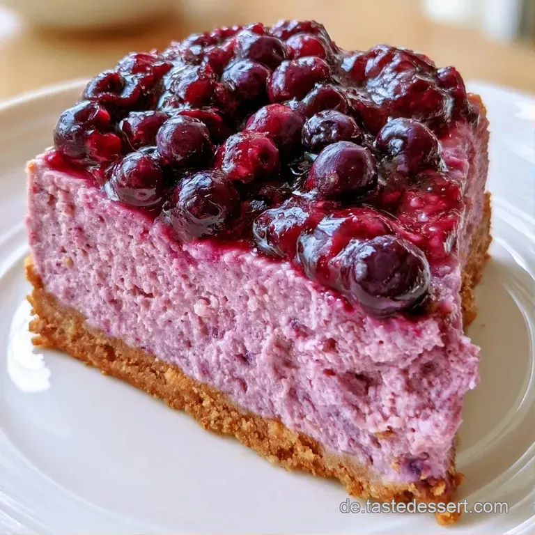 Ein St&uuml;ck cremiger Heidelbeerkuchen auf einem wei&szlig;en Teller, garniert mit frischen Beeren und einem gr&uuml;nen Minzblatt.