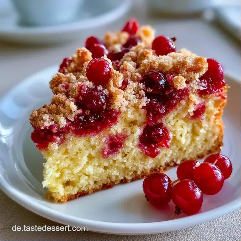 Ein helles Kuchenst&uuml;ck auf einem wei&szlig;en Porzellanteller, gekr&ouml;nt von gl&auml;nzenden roten Beeren und goldgelben Kr&uuml;meln.