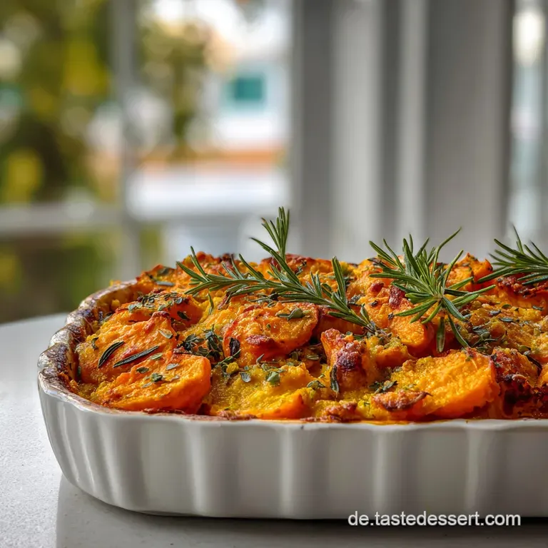 Veganer Auflauf mit K&uuml;rbis S&uuml;&szlig;kartoffeln und Rosmarin