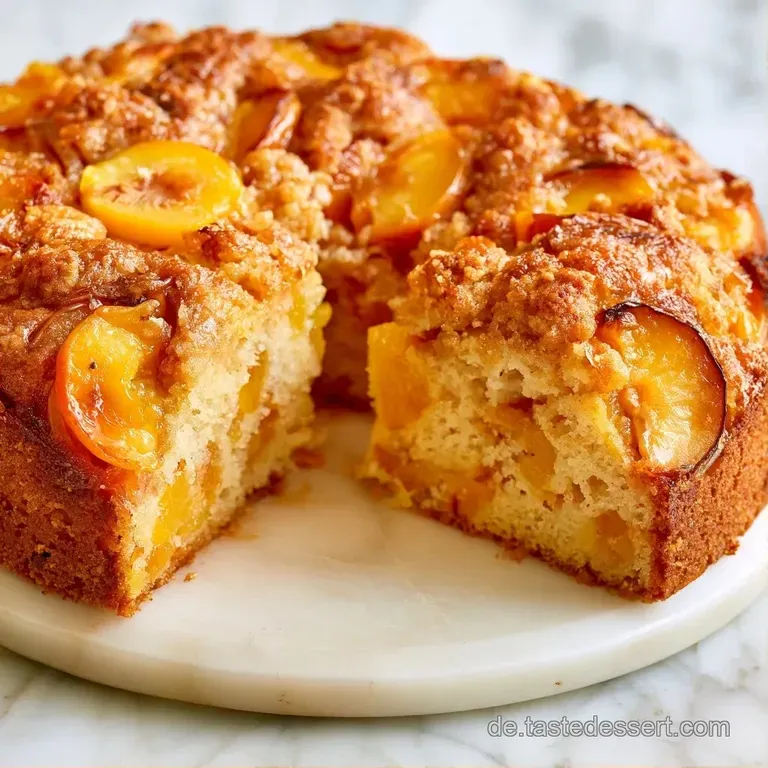 Ein pr&auml;zise geschnittenes St&uuml;ck goldgelber Obstkuchen auf einem schlichten wei&szlig;en Teller mit zartem Puderzucker.