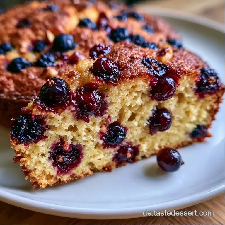 Ein saftiges St&uuml;ck dunkler Nusskuchen auf einem wei&szlig;en Teller, garniert mit frischen, roten Beeren und Puderzucker.