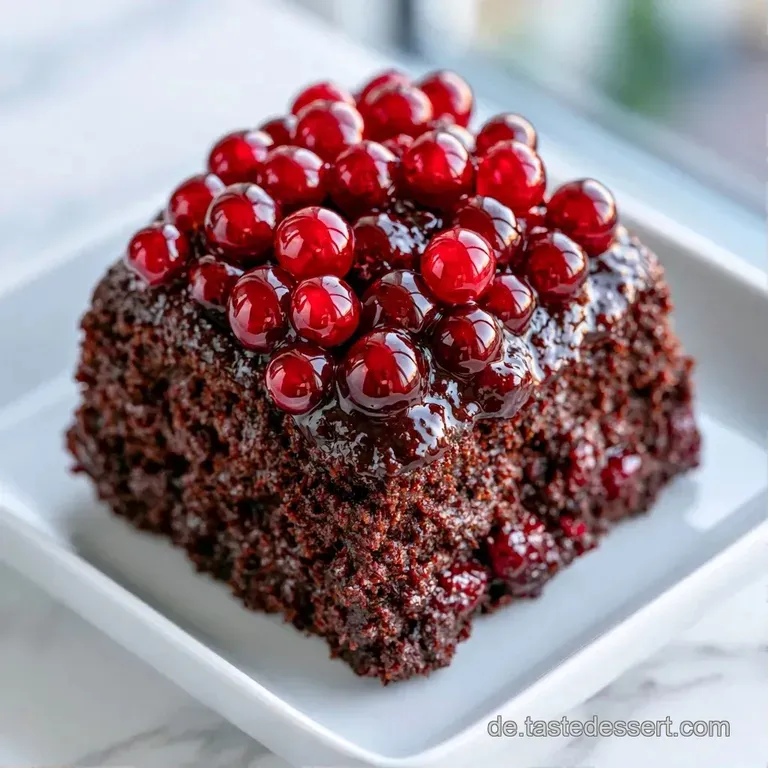 Ein St&uuml;ck dunkler Kuchen auf wei&szlig;em Porzellan, garniert mit gl&auml;nzenden roten Beeren und einem Hauch Puderzucker.
