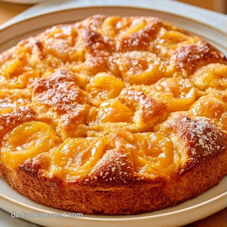 Ein goldbraunes Kuchenst&uuml;ck auf wei&szlig;em Porzellan, best&auml;ubt mit feinem Puderzucker und einer frischen Mirabelle.