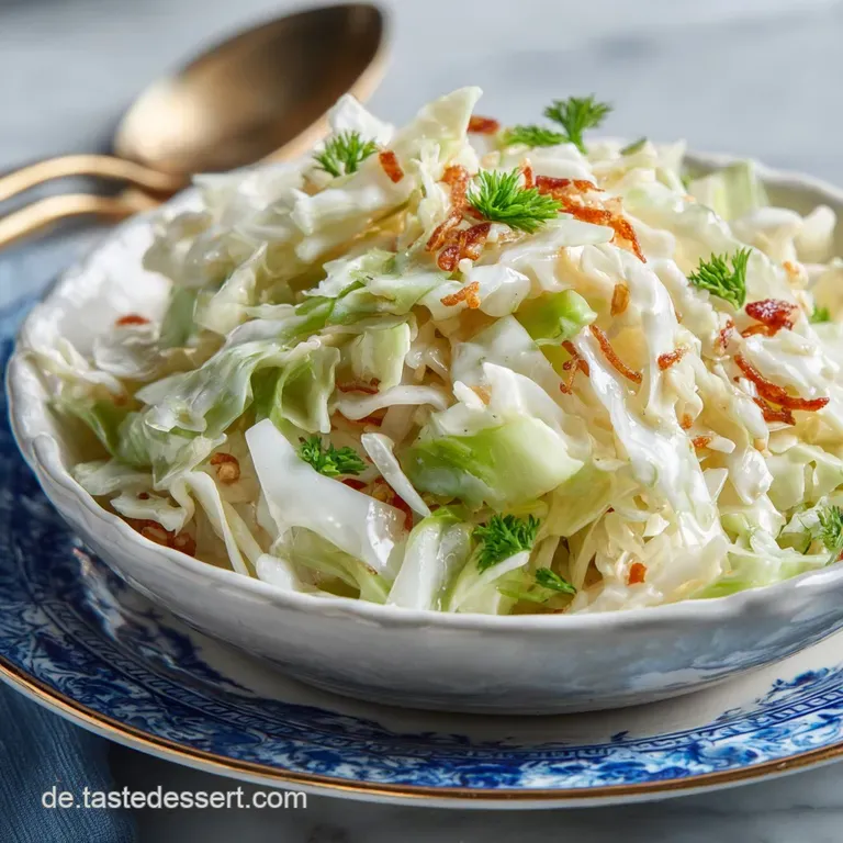 A mound of creamy white cabbage salad flecked with green parsley and red apple, served in a clear glass bowl, promising a ...