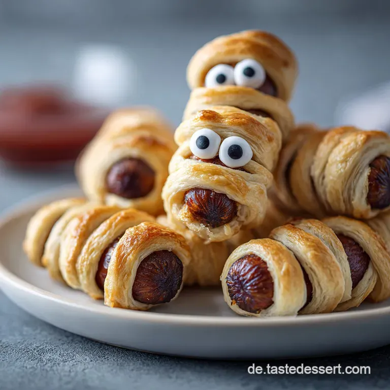 Festive plate featuring sausage mummies. Golden pastry blankets the juicy sausages, complete with dabbed mustard eyes. Spo...