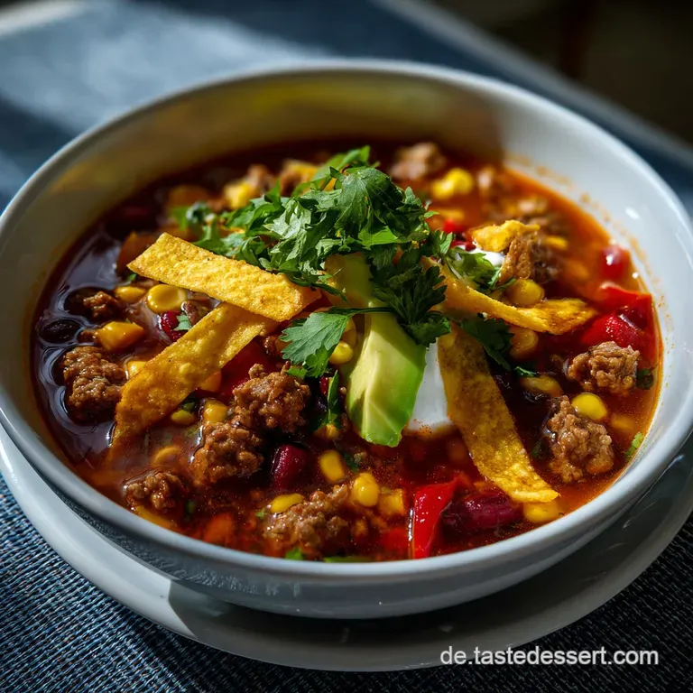 Elegant plating of the spicy taco soup with a swirl of sour cream, garnished with fresh cilantro and a lime wedge, appeali...