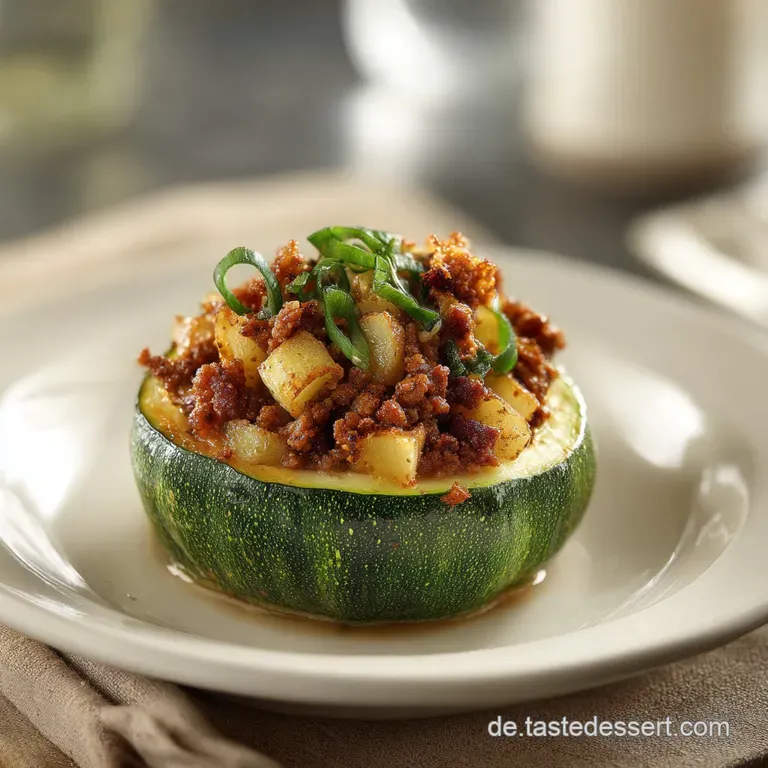 Plated zucchini dish: Glossy green zucchini slices layered artfully, sprinkled with herbs and golden breadcrumbs, hinting ...