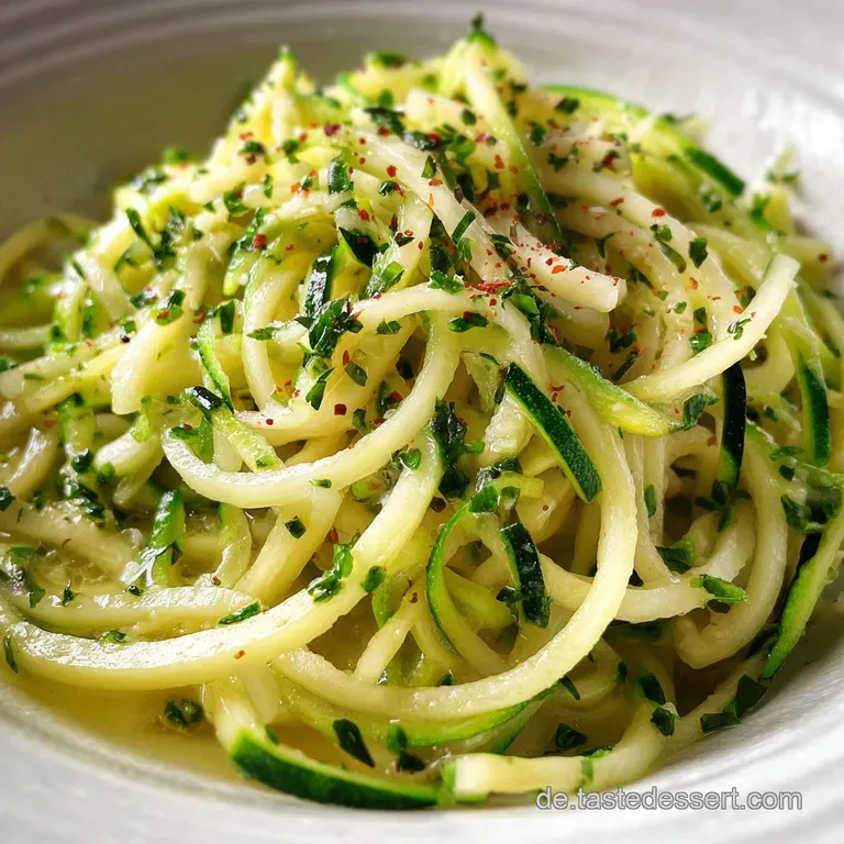 A twirl of glistening zucchini noodles beautifully plated, speckled with vibrant red chili flakes and fresh parsley.